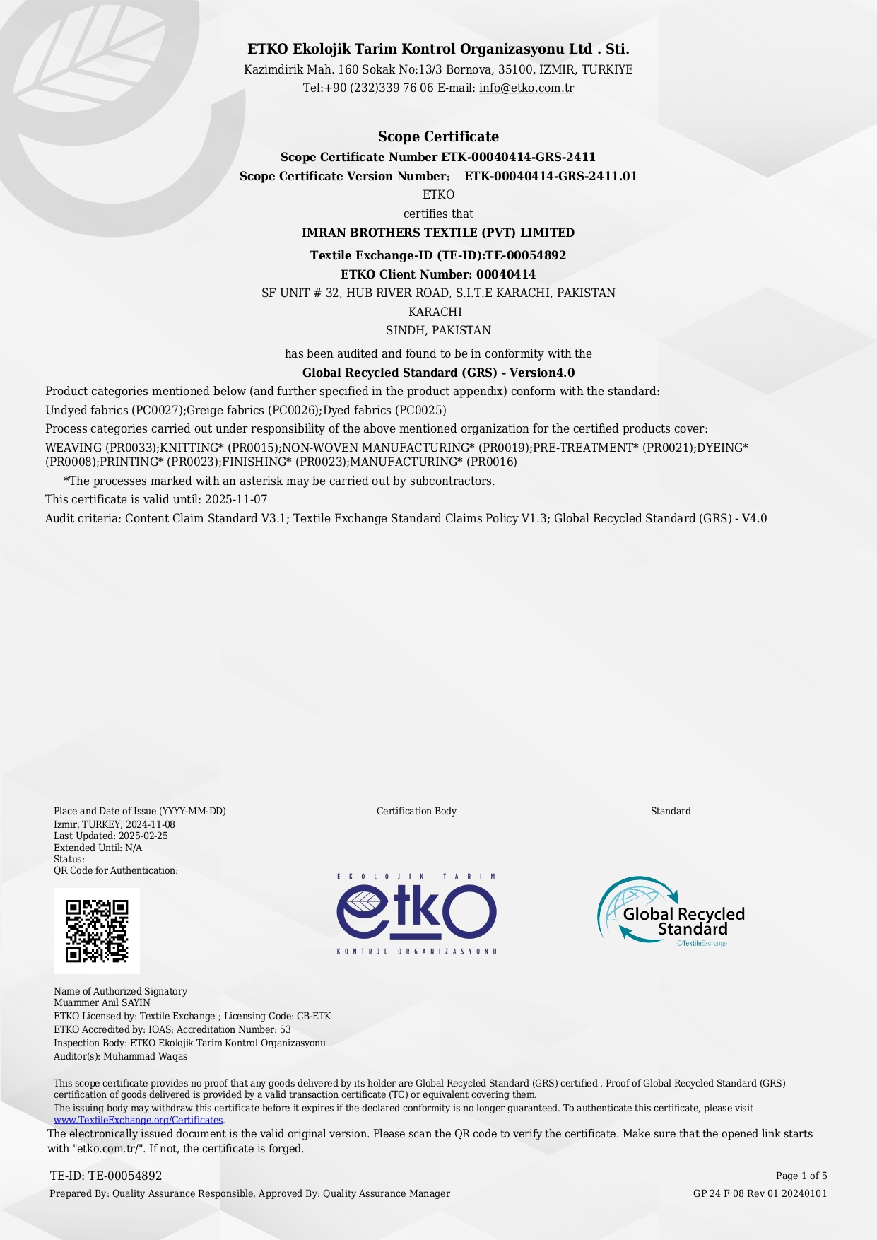 ETKO GRS certificate