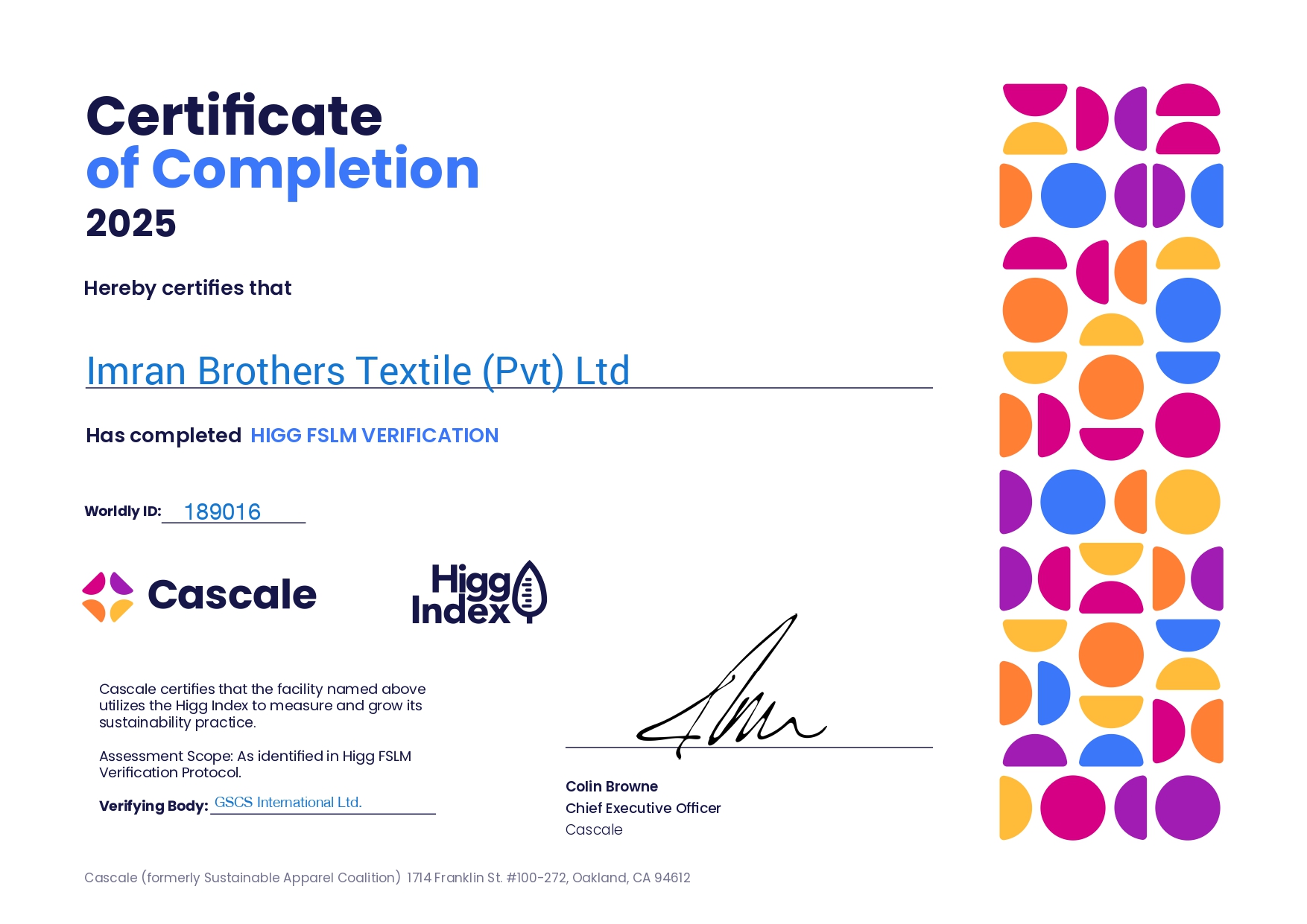 Higg Index certificate